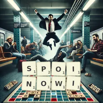 Kreatywna ilustracja do gry w Scrabble ze słowem SPOINOWI ułożonym z płytek na planszy.