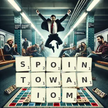 Kreatywna ilustracja do gry w Scrabble ze słowem SPOINTOWANIOM ułożonym z płytek na planszy.