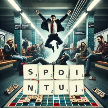 Kreatywna ilustracja do gry w Scrabble ze słowem SPOINTUJ ułożonym z płytek na planszy.