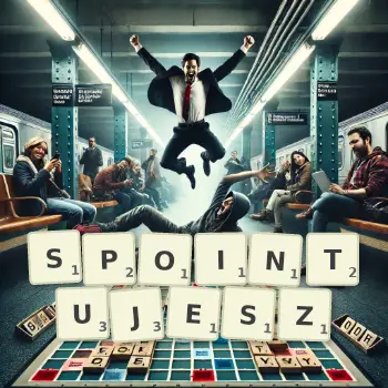 Kreatywna ilustracja do gry w Scrabble ze słowem SPOINTUJESZ ułożonym z płytek na planszy.