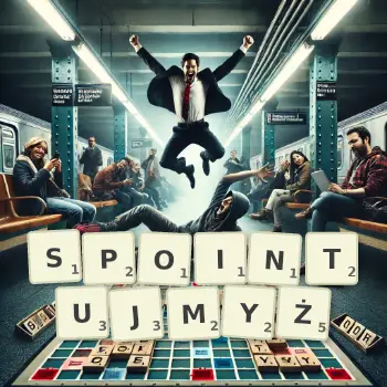 Kreatywna ilustracja do gry w Scrabble ze słowem SPOINTUJMYŻ ułożonym z płytek na planszy.