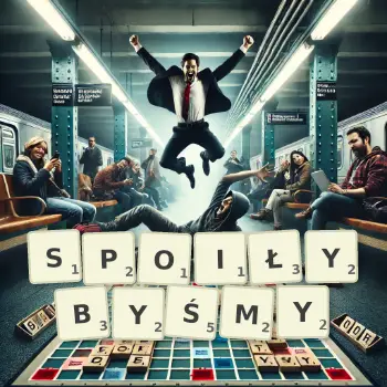 Kreatywna ilustracja do gry w Scrabble ze słowem SPOIŁYBYŚMY ułożonym z płytek na planszy.