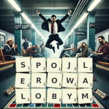 Kreatywna ilustracja do gry w Scrabble ze słowem SPOJLEROWALOBYM ułożonym z płytek na planszy.