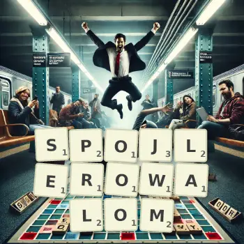 Kreatywna ilustracja do gry w Scrabble ze słowem SPOJLEROWALOM ułożonym z płytek na planszy.