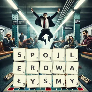 Kreatywna ilustracja do gry w Scrabble ze słowem SPOJLEROWAŁYŚMY ułożonym z płytek na planszy.