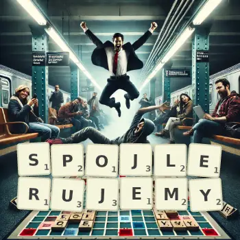 Kreatywna ilustracja do gry w Scrabble ze słowem SPOJLERUJEMY ułożonym z płytek na planszy.