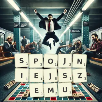 Kreatywna ilustracja do gry w Scrabble ze słowem SPOJNIEJSZEMU ułożonym z płytek na planszy.