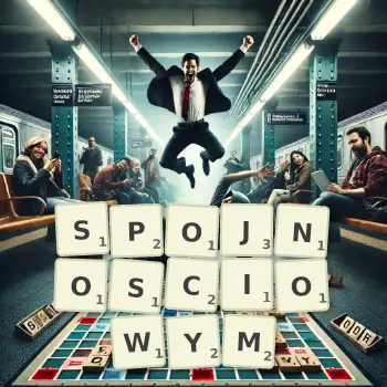 Kreatywna ilustracja do gry w Scrabble ze słowem SPOJNOSCIOWYM ułożonym z płytek na planszy.