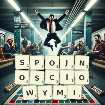 Kreatywna ilustracja do gry w Scrabble ze słowem SPOJNOSCIOWYMI ułożonym z płytek na planszy.