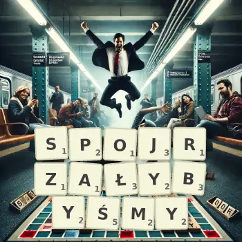 Kreatywna ilustracja do gry w Scrabble ze słowem SPOJRZAŁYBYŚMY ułożonym z płytek na planszy.