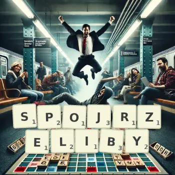 Kreatywna ilustracja do gry w Scrabble ze słowem SPOJRZELIBY ułożonym z płytek na planszy.