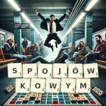 Kreatywna ilustracja do gry w Scrabble ze słowem SPOJÓWKOWYM ułożonym z płytek na planszy.