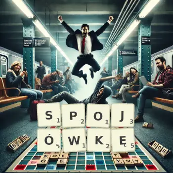 Kreatywna ilustracja do gry w Scrabble ze słowem SPOJÓWKĘ ułożonym z płytek na planszy.