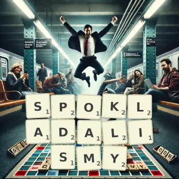 Kreatywna ilustracja do gry w Scrabble ze słowem SPOKLADALISMY ułożonym z płytek na planszy.