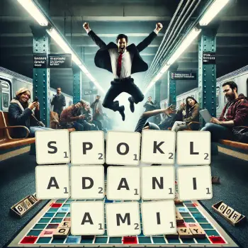 Kreatywna ilustracja do gry w Scrabble ze słowem SPOKLADANIAMI ułożonym z płytek na planszy.