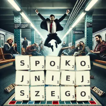 Kreatywna ilustracja do gry w Scrabble ze słowem SPOKOJNIEJSZEGO ułożonym z płytek na planszy.