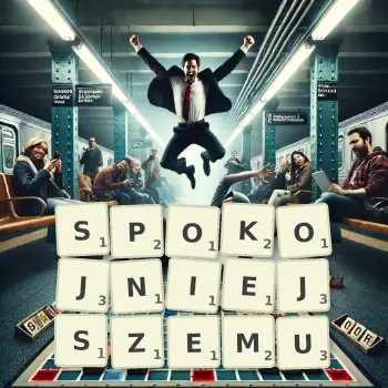 Kreatywna ilustracja do gry w Scrabble ze słowem SPOKOJNIEJSZEMU ułożonym z płytek na planszy.