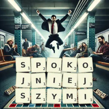 Kreatywna ilustracja do gry w Scrabble ze słowem SPOKOJNIEJSZYMI ułożonym z płytek na planszy.