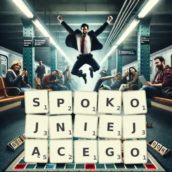 Kreatywna ilustracja do gry w Scrabble ze słowem SPOKOJNIEJĄCEGO ułożonym z płytek na planszy.