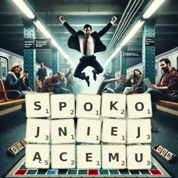 Kreatywna ilustracja do gry w Scrabble ze słowem SPOKOJNIEJĄCEMU ułożonym z płytek na planszy.