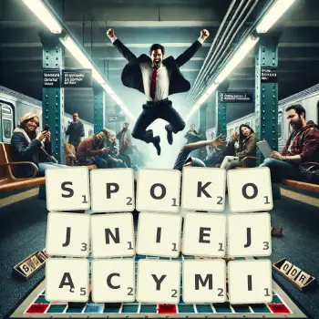 Kreatywna ilustracja do gry w Scrabble ze słowem SPOKOJNIEJĄCYMI ułożonym z płytek na planszy.