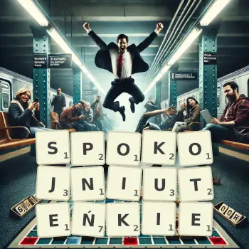 Kreatywna ilustracja do gry w Scrabble ze słowem SPOKOJNIUTEŃKIE ułożonym z płytek na planszy.