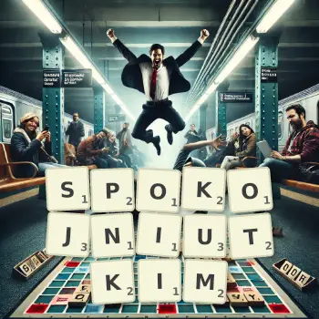 Kreatywna ilustracja do gry w Scrabble ze słowem SPOKOJNIUTKIM ułożonym z płytek na planszy.