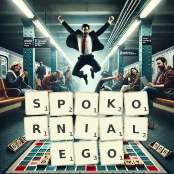 Kreatywna ilustracja do gry w Scrabble ze słowem SPOKORNIALEGO ułożonym z płytek na planszy.