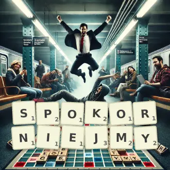 Kreatywna ilustracja do gry w Scrabble ze słowem SPOKORNIEJMY ułożonym z płytek na planszy.