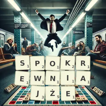 Kreatywna ilustracja do gry w Scrabble ze słowem SPOKREWNIAJŻE ułożonym z płytek na planszy.