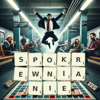 Kreatywna ilustracja do gry w Scrabble ze słowem SPOKREWNIANIE ułożonym z płytek na planszy.