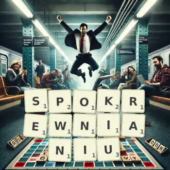 Kreatywna ilustracja do gry w Scrabble ze słowem SPOKREWNIANIU ułożonym z płytek na planszy.