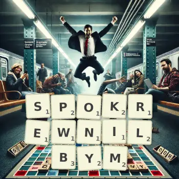 Kreatywna ilustracja do gry w Scrabble ze słowem SPOKREWNILBYM ułożonym z płytek na planszy.