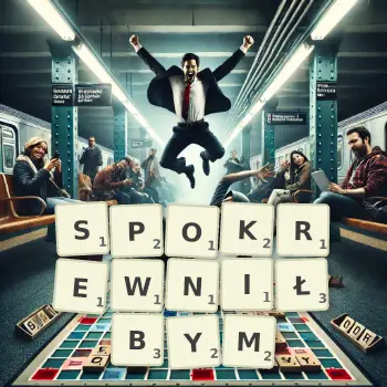 Kreatywna ilustracja do gry w Scrabble ze słowem SPOKREWNIŁBYM ułożonym z płytek na planszy.