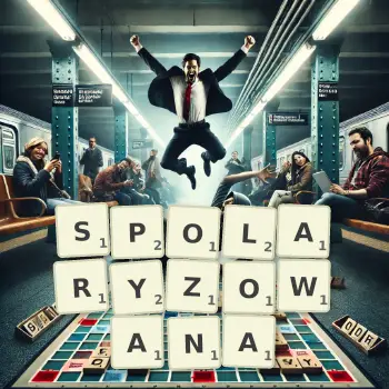 Kreatywna ilustracja do gry w Scrabble ze słowem SPOLARYZOWANA ułożonym z płytek na planszy.