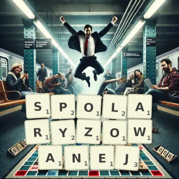 Kreatywna ilustracja do gry w Scrabble ze słowem SPOLARYZOWANEJ ułożonym z płytek na planszy.