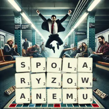 Kreatywna ilustracja do gry w Scrabble ze słowem SPOLARYZOWANEMU ułożonym z płytek na planszy.