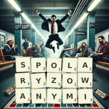 Kreatywna ilustracja do gry w Scrabble ze słowem SPOLARYZOWANYMI ułożonym z płytek na planszy.