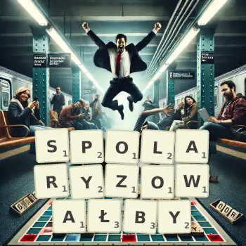 Kreatywna ilustracja do gry w Scrabble ze słowem SPOLARYZOWAŁBY ułożonym z płytek na planszy.