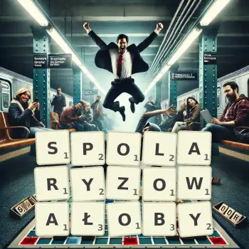 Kreatywna ilustracja do gry w Scrabble ze słowem SPOLARYZOWAŁOBY ułożonym z płytek na planszy.