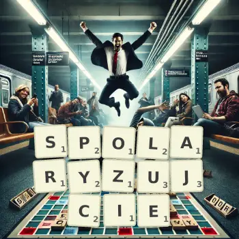 Kreatywna ilustracja do gry w Scrabble ze słowem SPOLARYZUJCIE ułożonym z płytek na planszy.