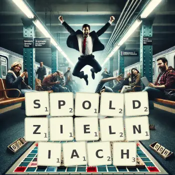 Kreatywna ilustracja do gry w Scrabble ze słowem SPOLDZIELNIACH ułożonym z płytek na planszy.