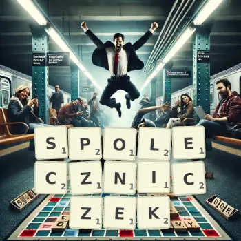 Kreatywna ilustracja do gry w Scrabble ze słowem SPOLECZNICZEK ułożonym z płytek na planszy.