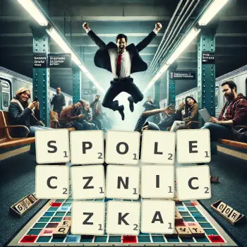 Kreatywna ilustracja do gry w Scrabble ze słowem SPOLECZNICZKA ułożonym z płytek na planszy.