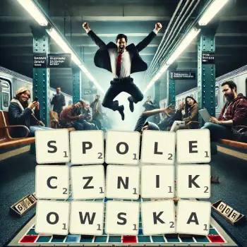 Kreatywna ilustracja do gry w Scrabble ze słowem SPOLECZNIKOWSKA ułożonym z płytek na planszy.