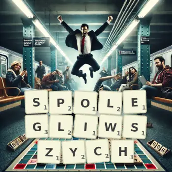 Kreatywna ilustracja do gry w Scrabble ze słowem SPOLEGLIWSZYCH ułożonym z płytek na planszy.