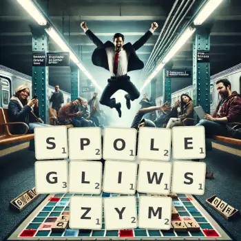 Kreatywna ilustracja do gry w Scrabble ze słowem SPOLEGLIWSZYM ułożonym z płytek na planszy.