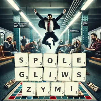 Kreatywna ilustracja do gry w Scrabble ze słowem SPOLEGLIWSZYMI ułożonym z płytek na planszy.