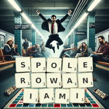 Kreatywna ilustracja do gry w Scrabble ze słowem SPOLEROWANIAMI ułożonym z płytek na planszy.