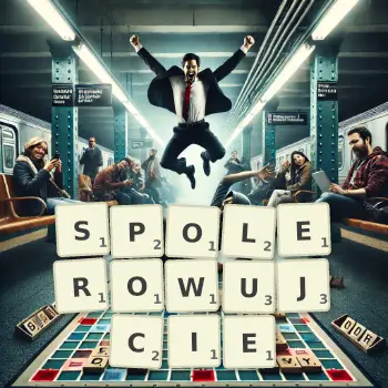 Kreatywna ilustracja do gry w Scrabble ze słowem SPOLEROWUJCIE ułożonym z płytek na planszy.